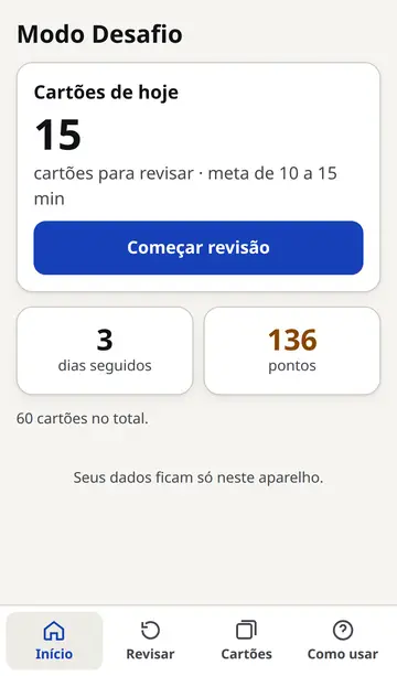 Modo Desafio, tela inicial: cartões de hoje, dias seguidos e pontos