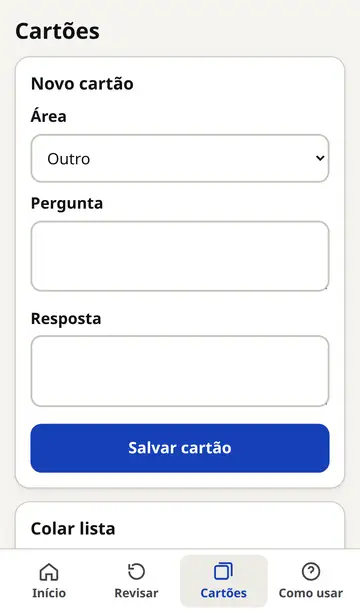 Modo Desafio, cartões: colar lista pergunta e resposta