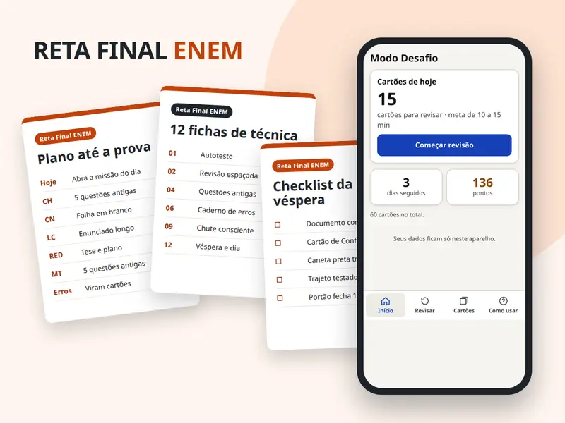 Kit Reta Final ENEM: plano até a prova, fichas, checklist e Modo Desafio no celular